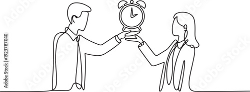 Single one line drawing hand gives alarm clock to colleague. Submit difficult assignments so as not to miss deadline. Share tasks to keep business running. one line Icon drawing