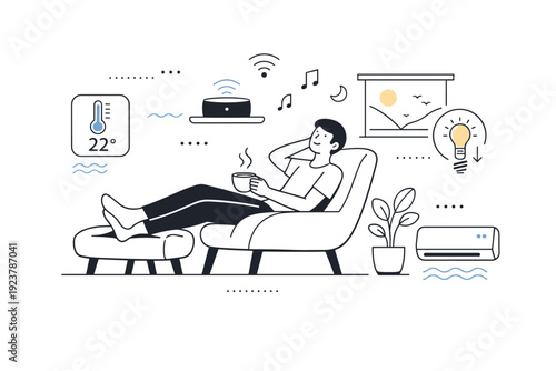 Ambient smart home environment. A person relaxing while ambient systems adjust lighting and temperature automatically. Calm