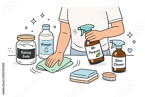 Eco-conscious cleaning routines. A clean editorial scene with a person using reusable cloths, natural cleaning sprays, and labeled containers, conveying