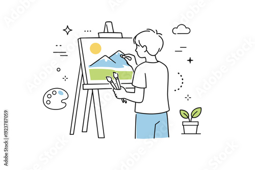 Learning fine arts. A student standing in front of an easel, adjusting their painting while holding brushes. Thoughtful practice and artistic