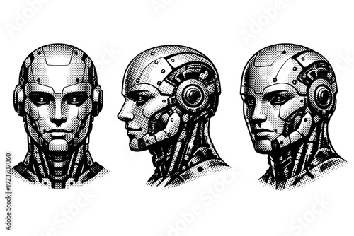 Robot head, humanoid robot head with symmetrical mechanical features, visible joints, and smooth plated surfaces shown from front, side, and