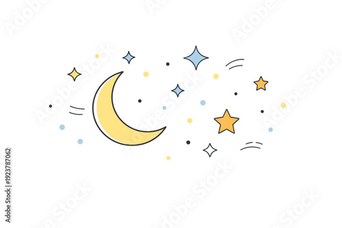 Crescent moon and stars. Minimal night sky composition with a thin crescent moon and scattered stars, soft and friendly atmosphere. Calm decorative