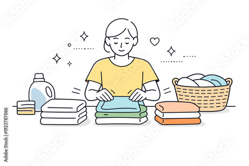 Laundry routine. A person folding clean clothes into tidy stacks on a table. Calm satisfaction, slow productivity, and visual order emphasized. Minimalist flat