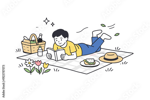 Springtime leisure reading outdoors ? Reading on a picnic blanket in spring. Person lying on grass with an open book, flowers nearby, gentle breeze and