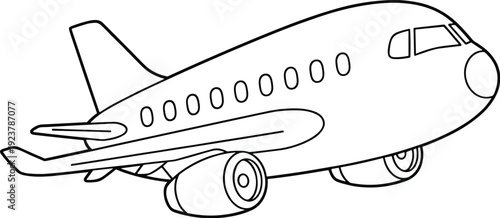 Commercial airplane line drawing showing cockpit windows, passenger windows, wings, engines, tail fin, stylized aviation sketch, educational illustration