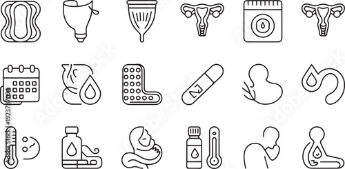 Collection of simple line art icons representing feminine hygiene reproductive health and medical symbols isolated on transparent background