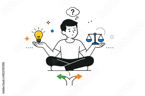 Free will. Minimal scene with a character balancing different symbols in their hands, thoughtfully deciding their next step. Abstract