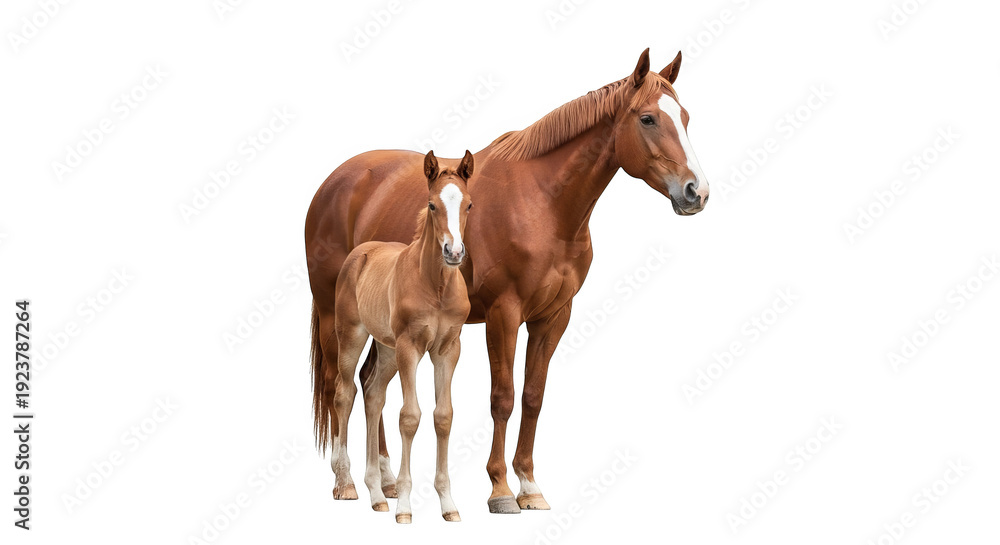 Fototapeta premium Chestnut Mare And Foal Standing Together On Black Background