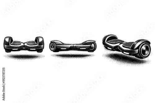 Hoverboard icon represented as one futuristic personal transport object shown in three views: front view, side view, and three-quarter view highlighting