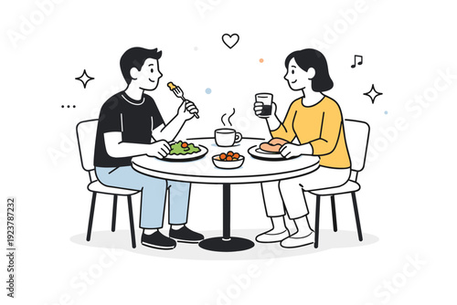 Simple Shared Meal. Sharing a simple meal. Two people sit at a small table enjoying uncomplicated food together. The scene conveys warmth, connection, and