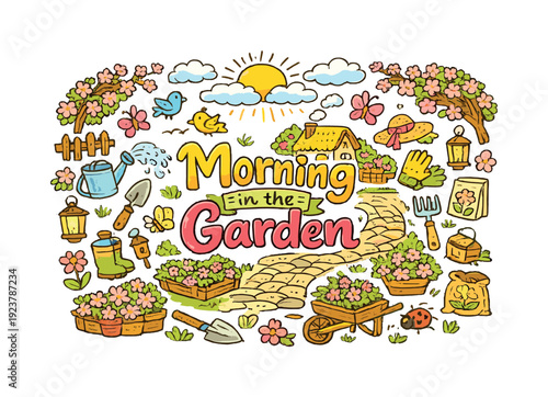 Garden Morning Illustration. Morning in the Garden. Hand-drawn doodle illustration of Morning in the Garden.