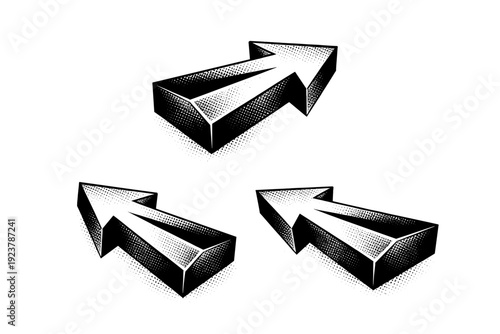 Geometric arrow symbol A geometric arrow symbol depicted in three views focusing on precise edges, structural clarity, and consistent mass