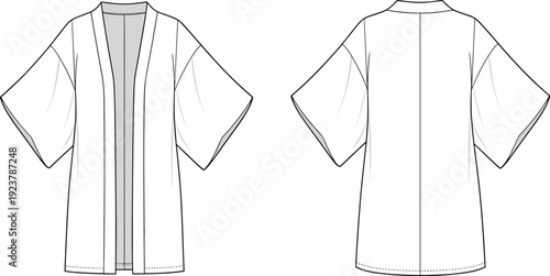 Technical flat fashion sketch of a kimono style cardigan jacket with wide sleeves front and back view vector line illustration