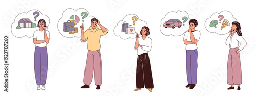 Mindset types people. Characters with different thinking, logical, practical, structural, men and women talk in minds, person individual decision making garish vector cartoon isolated set