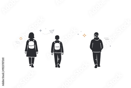 People walking into fog. Distant human figure nearly absorbed by fog, minimal ground reference. Disappearance, silence, abstract journey forward. Minimalist