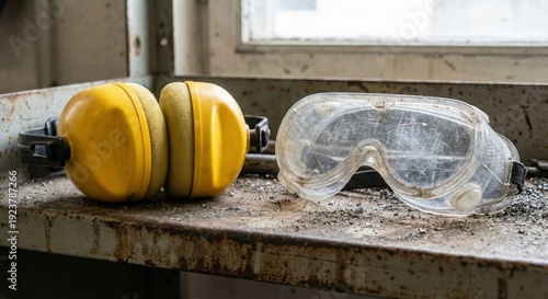 Worn safety gear sits on a dirty workbench in an industrial setting, suggesting neglect and disuse