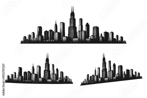 City horizon skyline silhouette shown as a single architectural outline object displayed in straight-on view, rotated view, and three-quarter