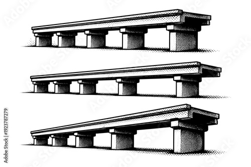 Bridge structure beam bridge. A simple beam bridge with straight girders supported by evenly spaced vertical piers represented as a single