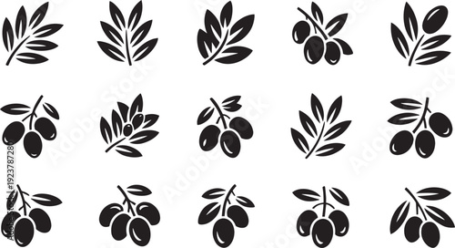 Collection of stylized black olive branches with leaves and ripe olives isolated on white background