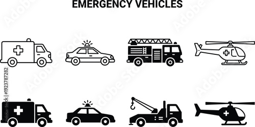 Emergency vehicles icons set featuring ambulance, police car, fire truck, tow truck, medical helicopter in outline and silhouette styles