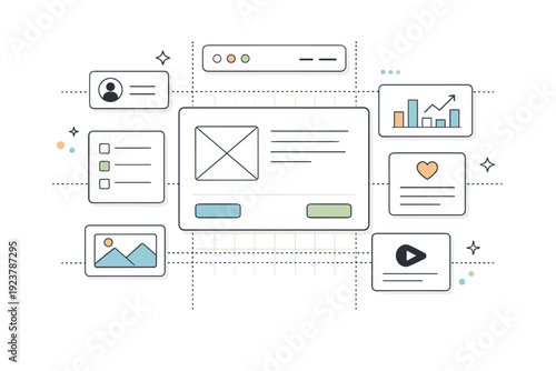Abstract UX wireframe concept. A central screen surrounded by minimal UI blocks and alignment guides. Visual metaphor for design foundations and user-centered