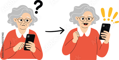 senior using smartphone, elderly woman, mobile phone, learning technology, digital literacy, happy