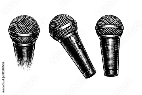 Microphone vintage handheld dynamic microphone with cylindrical body, spherical mesh grille, and subtle metal texture, presented in top-front