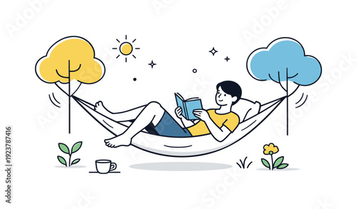 Young man relaxing in a hammock reading a book on a sunny day with trees and a coffee cup