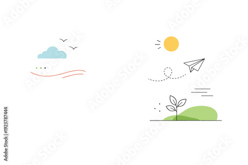 Fresh start open space. A minimal composition with wide white space and a few soft abstract elements arranged asymmetrically. The mood suggests freedom,