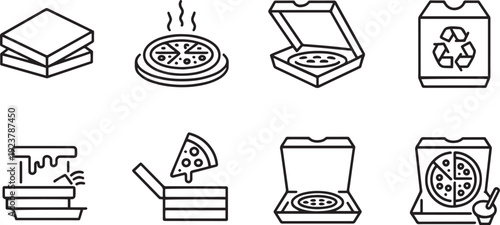 Collection of stylized vector line art icons representing pizza boxes and preparation steps