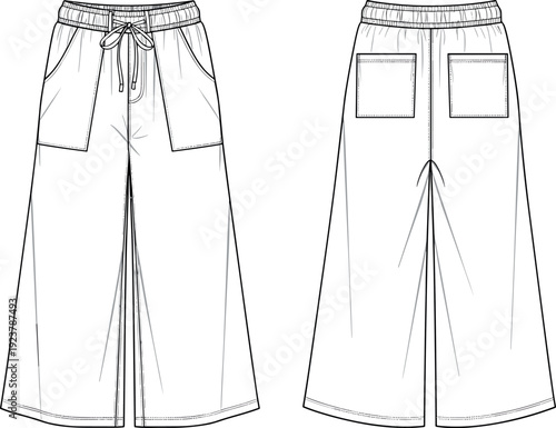 Technical flat sketch vector illustration of women's wide leg pants with elastic drawstring waist and large front and back pockets