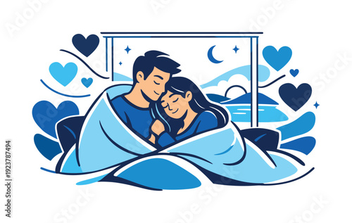 Perfect getaway. Couple cuddling under a blanket with a view outside, heart shapes and soft