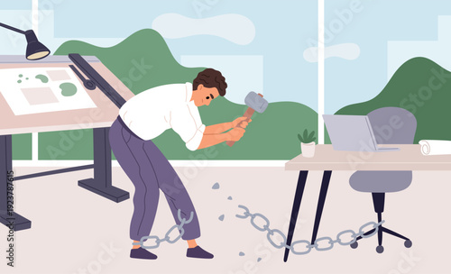 Liberation from bonds. Office employee breaks chains, guy gets released from his workplace, dismissal from work, workplace motivation, overcoming barriers garish vector cartoon concept