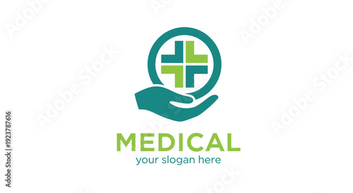 Minimalist green and teal medical logo design featuring a protective hand cradling a distinct cross symbol within a circular border perfect for healthcare branding.