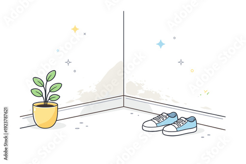 Scuffed walls realism. Interior corner where the lower wall surface shows wear and light dirt from everyday contact. Lived-in texture without