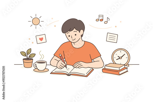 Mindful morning journaling. A quiet moment of writing in a notebook at a desk by natural light, phone set aside or absent. The mood suggests reflection and