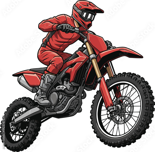 Red dirt bike rider illustration showing safety gear, helmet, gloves, boots, rugged frame, knobby tires, suspension system, off-road adventure