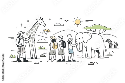 Off-the-beaten-path safari experience. A guide leading a small group through a remote reserve, gentle interaction with wildlife and untouched