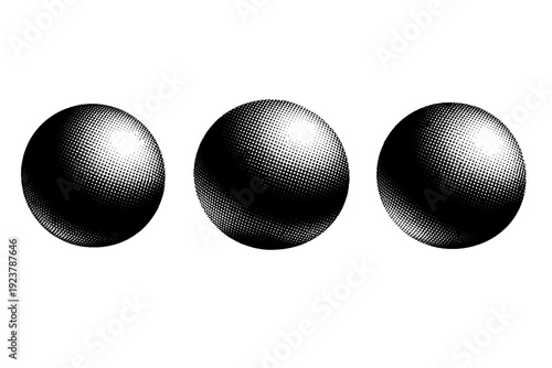 Minimal halftone sphere smooth solid orb, a perfectly round geometric object with subtle surface shading shown as the same sphere from three