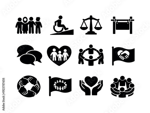 Inclusive community. Filled icon set of Inclusive community: diverse group, accessibility