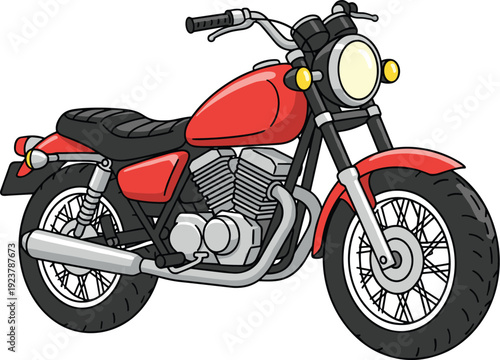 Red motorcycle cartoon illustration showing fuel tank, padded seat, large tires, dual exhaust pipes, headlight, indicators, engine components, handlebars