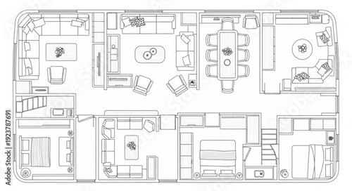 Detailed floor plan of a modern house with furniture layout and room arrangements.