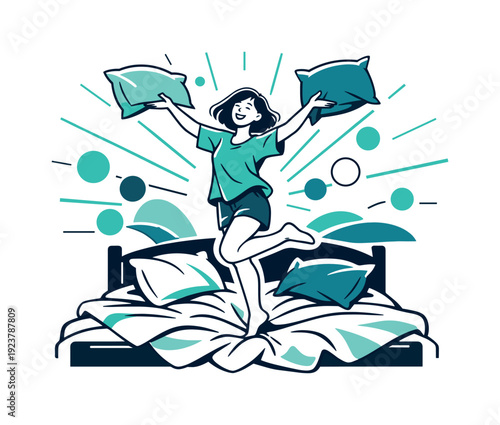 Morning routine. Person standing on a bed, tossing pillows into the air, light and playful