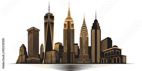 USA, US, U.S, United States - New York City Skyline Art: Black and Gold Modern Architectural Illustration Featuring Iconic Skyscrapers for Luxury Wall Decor, Posters, and Contemporary Urban Design Pr
