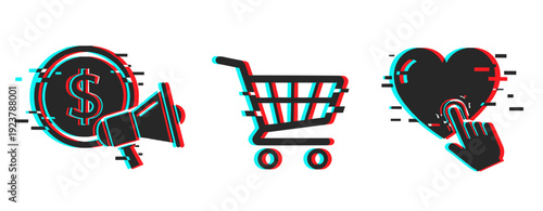 Glitch effect on coin, shopping cart, and heart icons