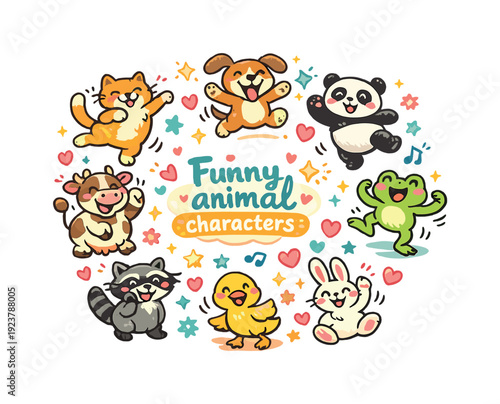 Funny animal characters. Hand drawn illustration of Funny animal characters. goofy cat pose,