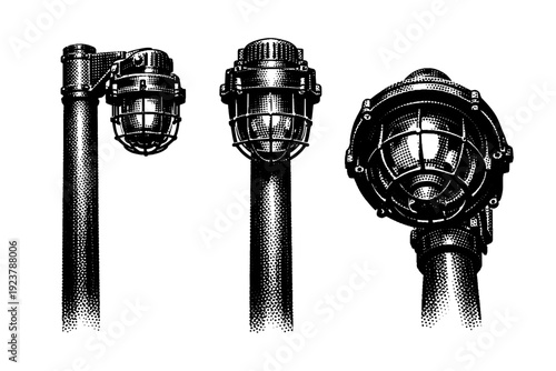 Urban street lamp, industrial-style street lamp with a thick pole and exposed mechanical lamp housing depicted from three angles focusing on
