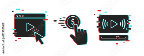 Retro glitch style icons: online video, payment, streaming