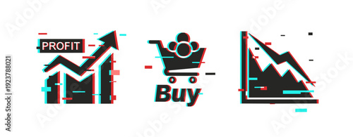 Glitch style icons: profit chart, shopping cart, decline graph