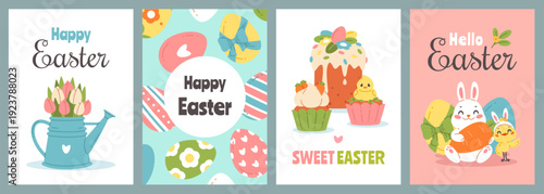 Happy easter cards. Spring holiday funny elements, greeting postcards design, funny bunny, cute chickens and colored eggs, decorations vertical template, classy vector cartoon isolated set